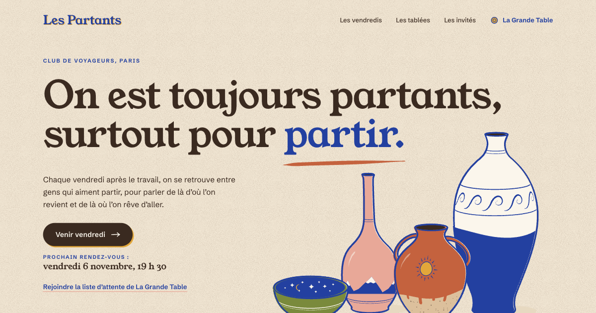 Le haut de la landing Les Partants : des vases peints sur une table